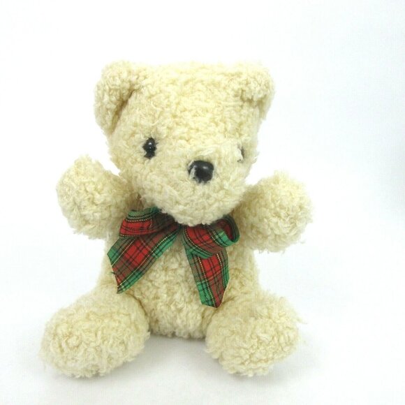 Sasco Teddy Bear Stuffed Animal Ivory Cream Plush Toy Red & Green Plaid Ribbon - Picture 2 of 6